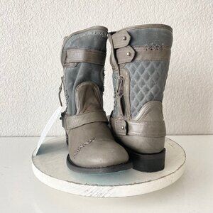 Lane Boots Women’s Gray Leather Canvas Mid-Calf Western Moto Style Zip Size 8.5